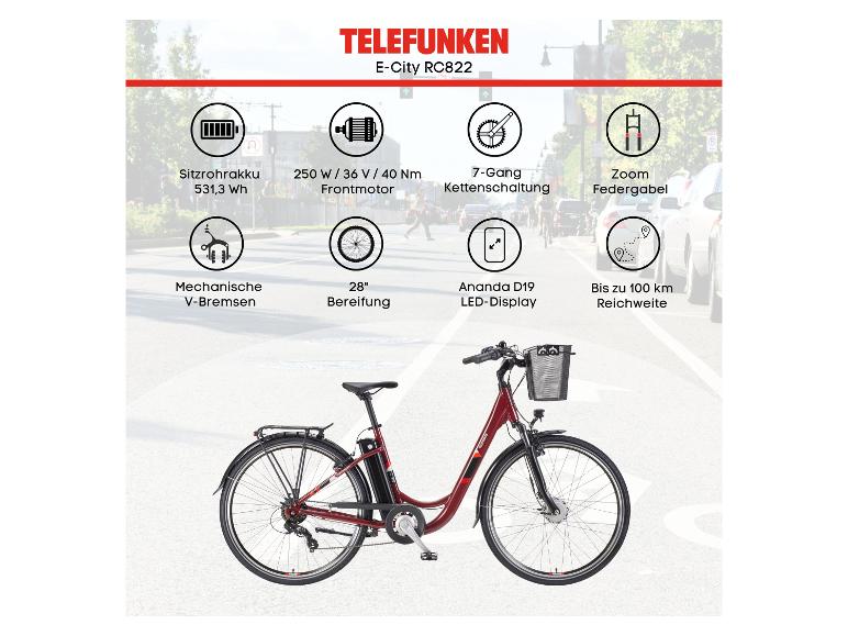 E-Bike mit 531,3 Wh Akku, 250 W Motor und 100 km Reichweite.