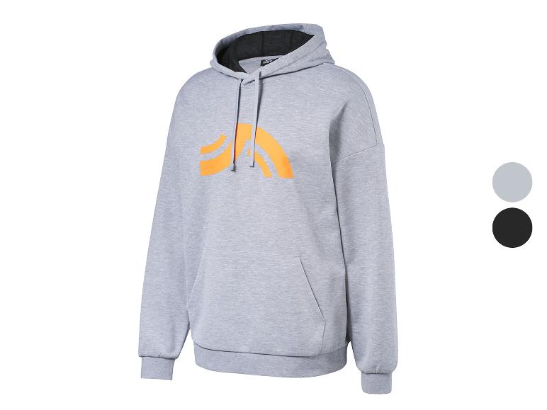 Grauer Hoodie mit orangefarbenem Logo und Farboptionen in Grau und Schwarz.