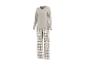 Damen-Langarm-V-Ausschnitt-Pyjama mit karierter Hose in Beige und Braun.