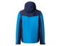 Blaue Regenjacke mit Kapuze.