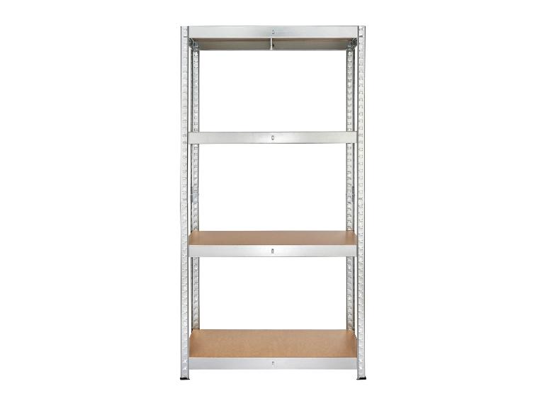 Metallregal mit vier Holzböden, ideal zur Aufbewahrung.