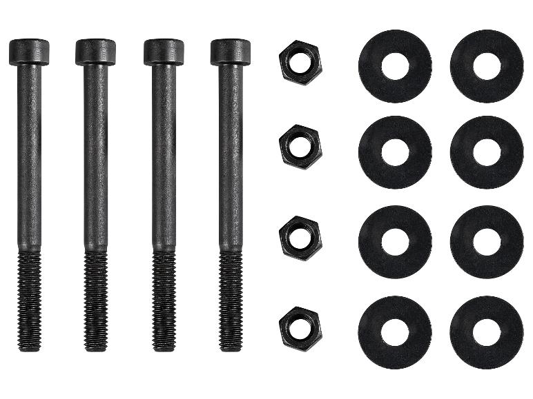 Vier schwarze Schrauben, vier Muttern und acht Unterlegscheiben.