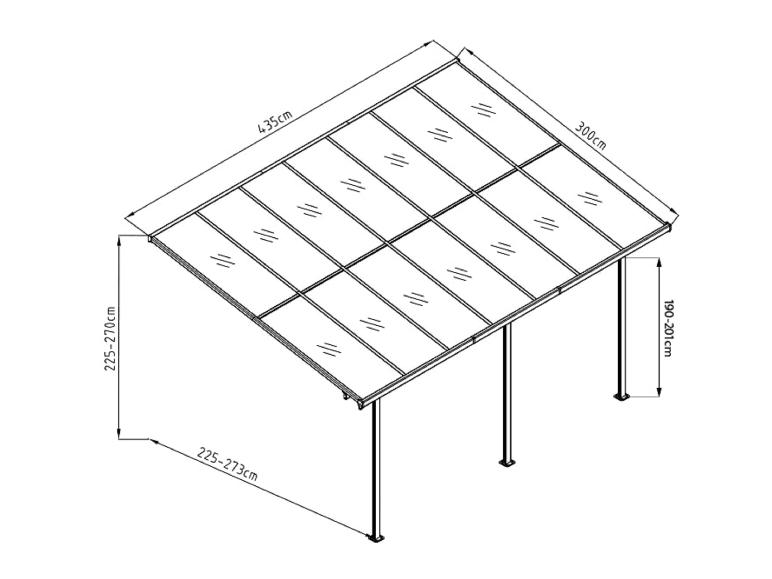 Terrassenüberdachung 435x300 cm, höhenverstellbar von 190-270 cm.