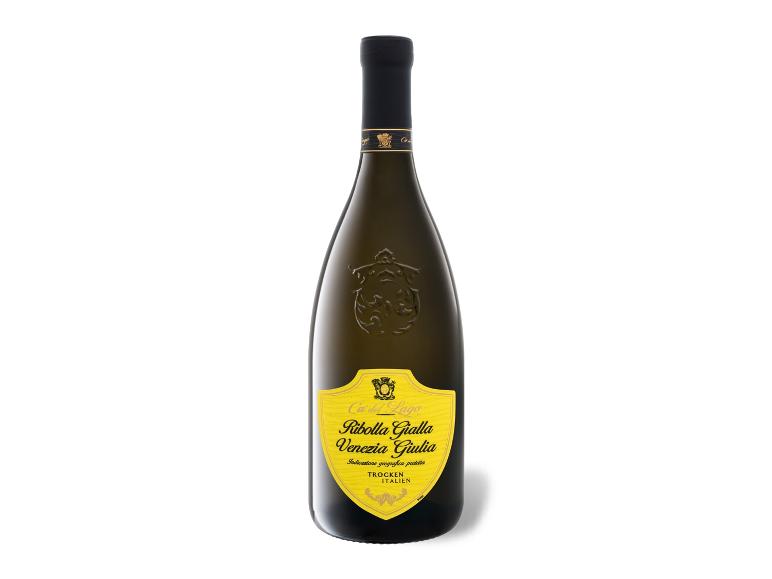Weißwein in einer Flasche mit gelbem Etikett mit dem Text „Ribolla Gialla Venezia Giulia“.