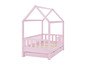 Ein rosa Bett mit einem hausförmigen Rahmen und zwei Schubladen.