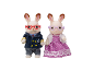 Männliches und weibliches Spielzeugkaninchen mit Brille, als Seemann und in einem gepunkteten Kleid.