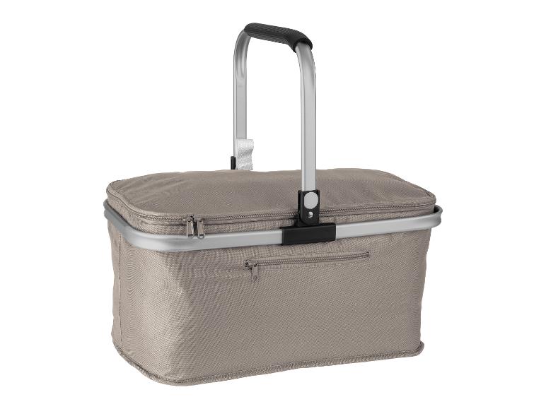 Grauer faltbarer Kühlkorb mit Aluminiumgriff und Reißverschlüssen.