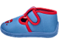 Blaue Kinderhausschuhe mit roten Rändern und Spinnenmotiv