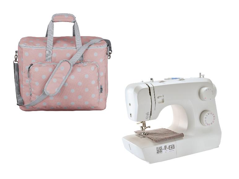 Nähmaschine und rosa gepunktete Nähmaschinentasche.