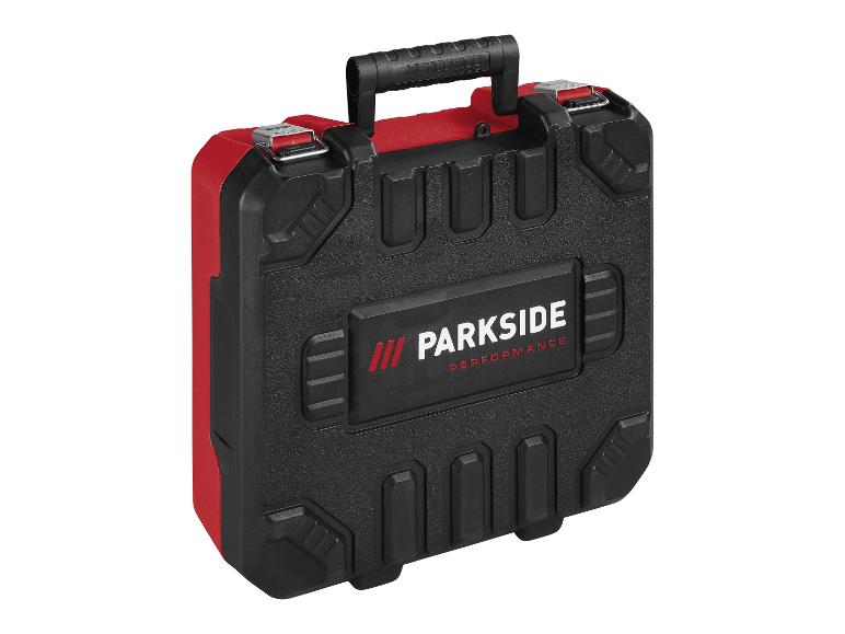 Schwarzer und roter Parkside Performance Werkzeugkoffer mit Griff und Verschlüssen.