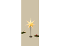 Leuchtender Weihnachtsstern auf einem schwarzen Ständer mit festlicher Dekoration.