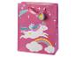 Rosa Geschenktüte mit Einhorn, Regenbogen und Wolken, mit rosa Schleifengriffen.