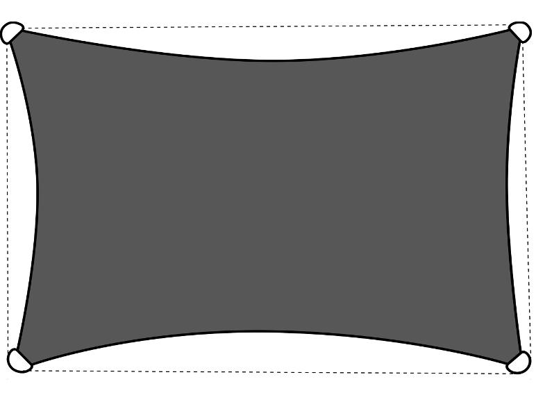 Graues rechteckiges Sonnensegel mit geschwungenen Seiten und verstärkten Ecken.