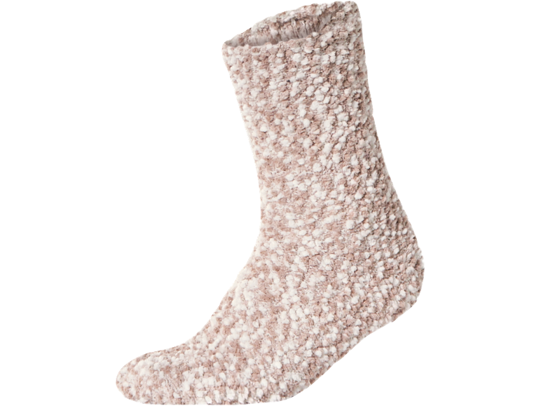 Weiche, flauschige Haussocke in Beige und Weiß.