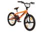 Orangefarbenes BMX-Fahrrad mit schwarzen Akzenten und reflektierenden Pedalen.