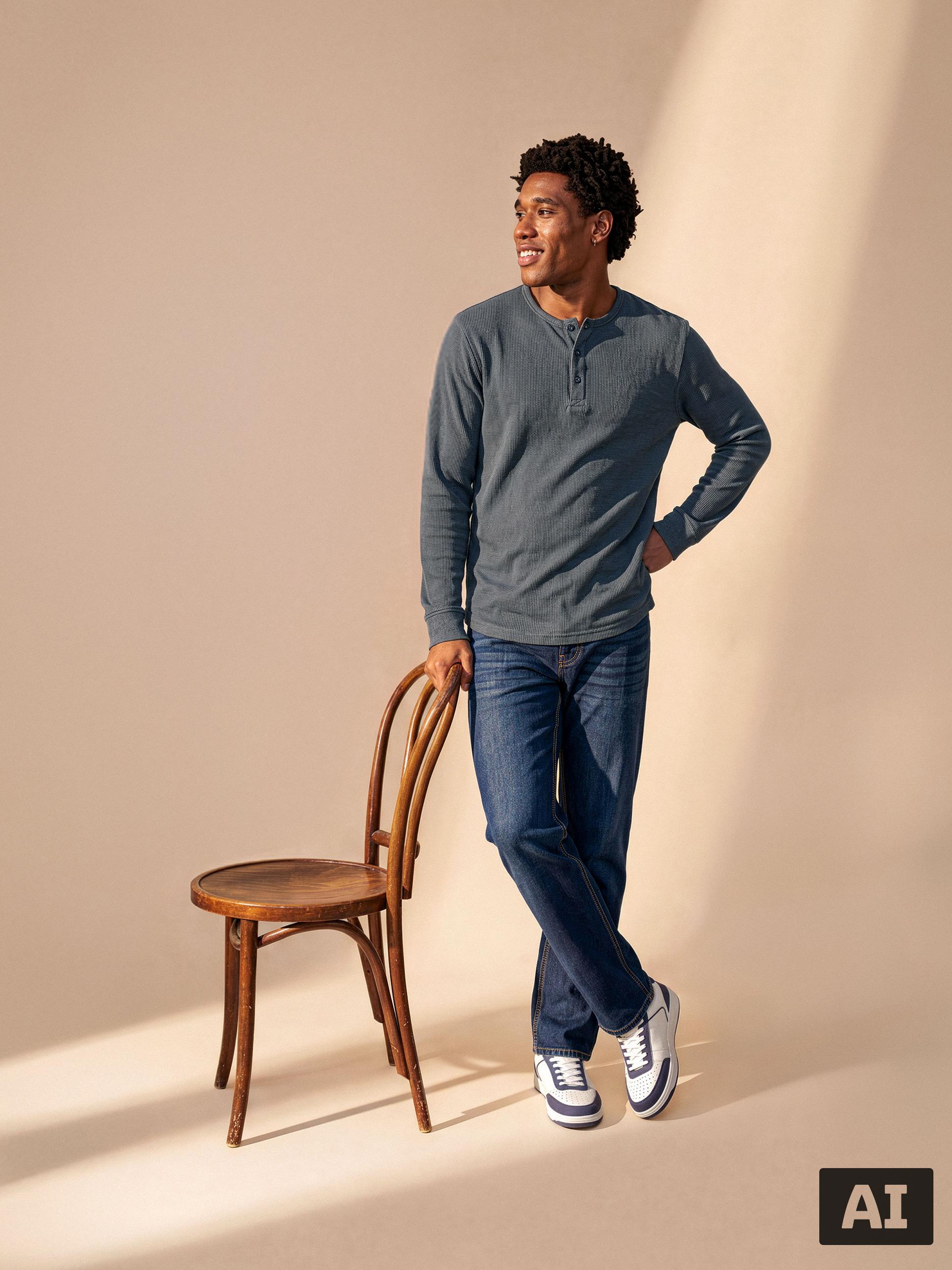 Mann in grauem Langarmshirt und Jeans lehnt an einem Stuhl.
