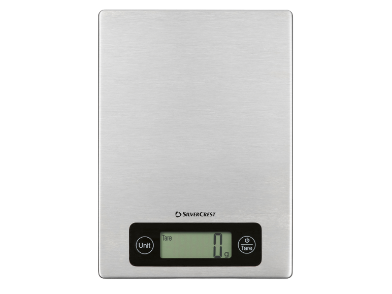 Digitale Küchenwaage mit Edelstahloberfläche, Display und Tasten