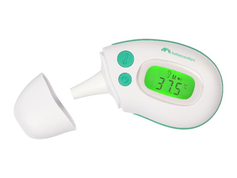 Weißes und grünes Digitalthermometer mit 37,5 °C Anzeige und abgenommener Kappe.