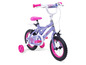 Ein lila Kinderfahrrad mit rosa Details und Stützrädern.