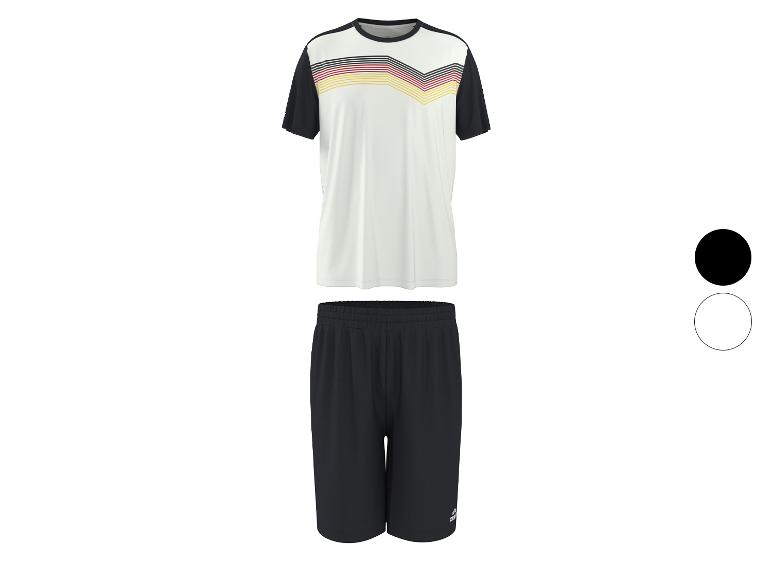 Weißes und schwarzes Sportset mit Chevron-Muster in den Farben der deutschen Flagge.