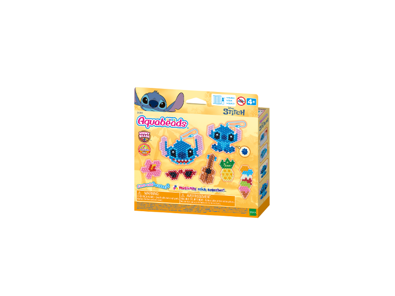 Aquabeads Stitch Bastelset mit verschiedenen Perlenmotiven, darunter Stitch-Figuren und Zubehör.