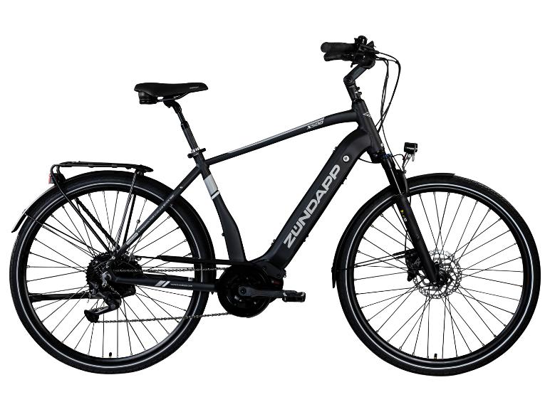 Schwarzes Zundapp X500 E-Bike mit Gepäckträger und Schutzblechen.