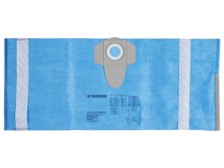 Blauer Staubsaugerbeutel mit grauer Befestigung und Montageanleitung.