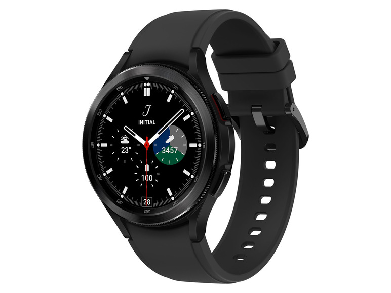 Eine schwarze Smartwatch mit einem Gummiband.