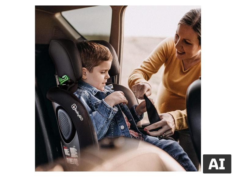 Kind im BABYGO Safeway Kindersitz, dem die Mutter beim Anschnallen hilft. [KI-generiertes Bild]