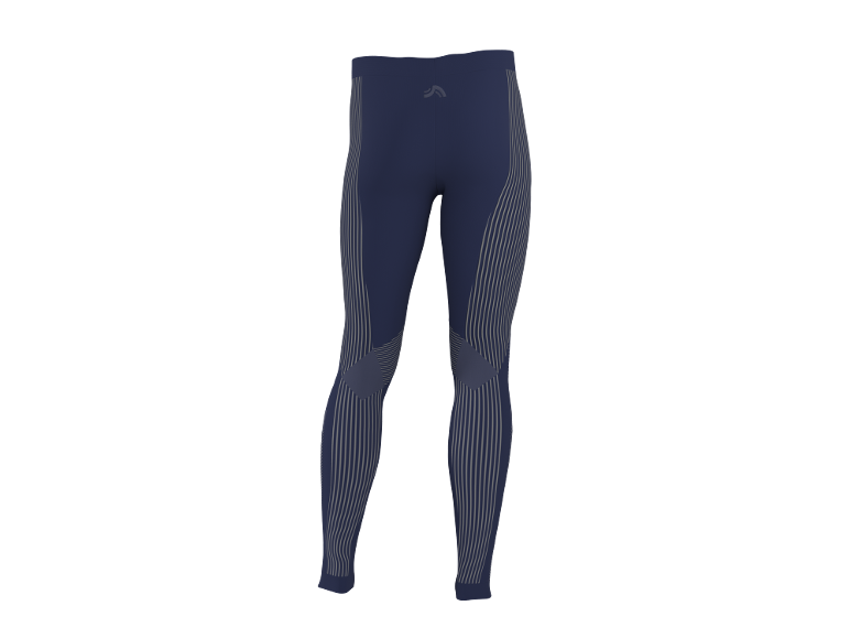 Dunkelblaue Sportleggings mit vertikalen Streifen und einem kleinen Logo auf der Rückseite.
