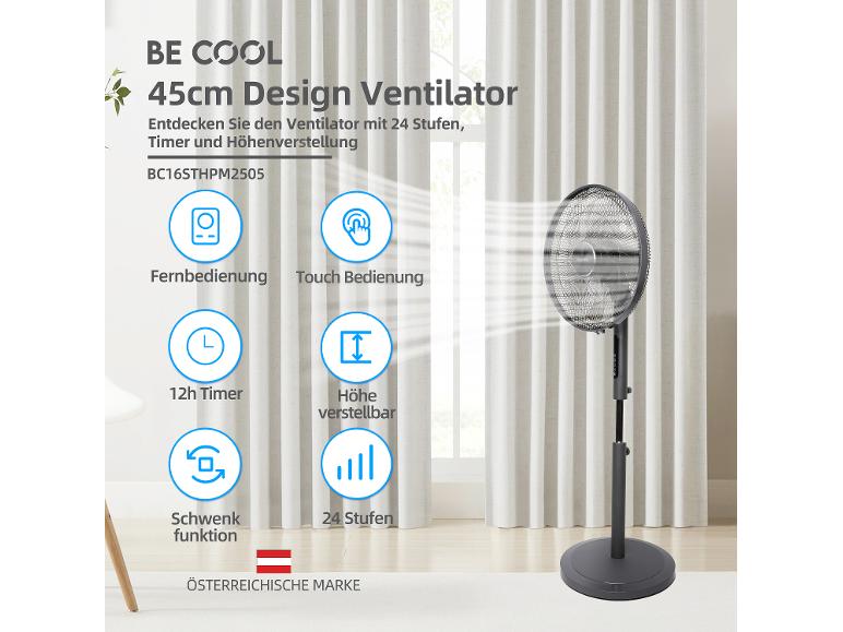 45 cm Ventilator mit 24 Stufen, Timer, Fernbedienung und Höhenverstellung.