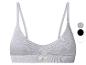Grauer Damen-Sport-BH mit „LOVE COTTON“-Etikett und Farboptionen.