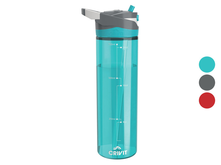 Eine blaue Wasserflasche mit Ausgießer und Strohhalm von Crivit