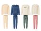 Vier Sets aus Langarmshirts und Hosen, mit Athletic-Schriftzug und Herzmotiv.