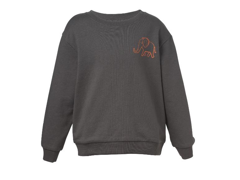 Graues Sweatshirt mit orangefarbenem Elefantenprint auf der Brust.