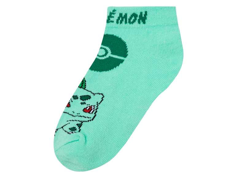 Pokémon Socken: hellgrünes Design mit Pokéball und Bisasam.