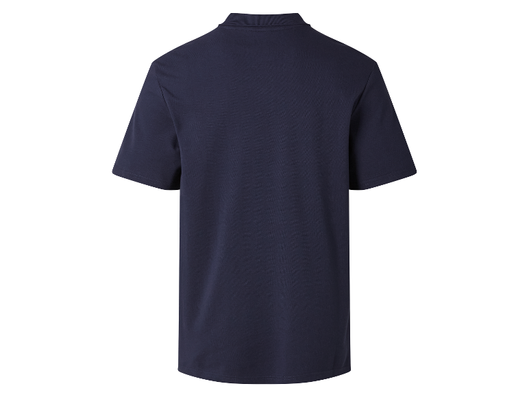 Dunkelblaues Poloshirt mit kurzen Ärmeln.