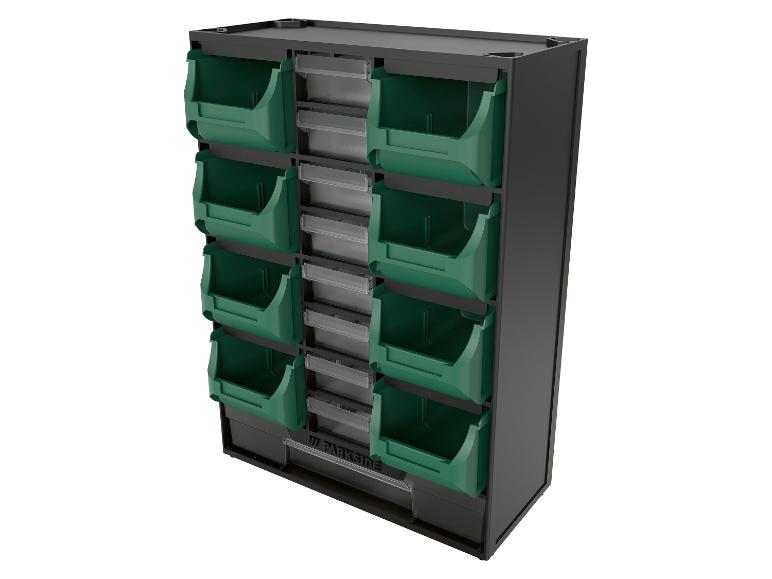 Schwarzes Regal mit grünen und transparenten Kleinteileboxen