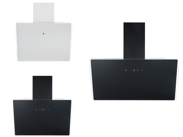 Drei moderne Dunstabzugshauben in Weiß und Schwarz