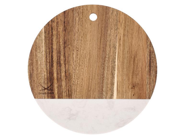 Rundes Schneidebrett aus Akazienholz und weißem Marmor mit Sansibar-Logo