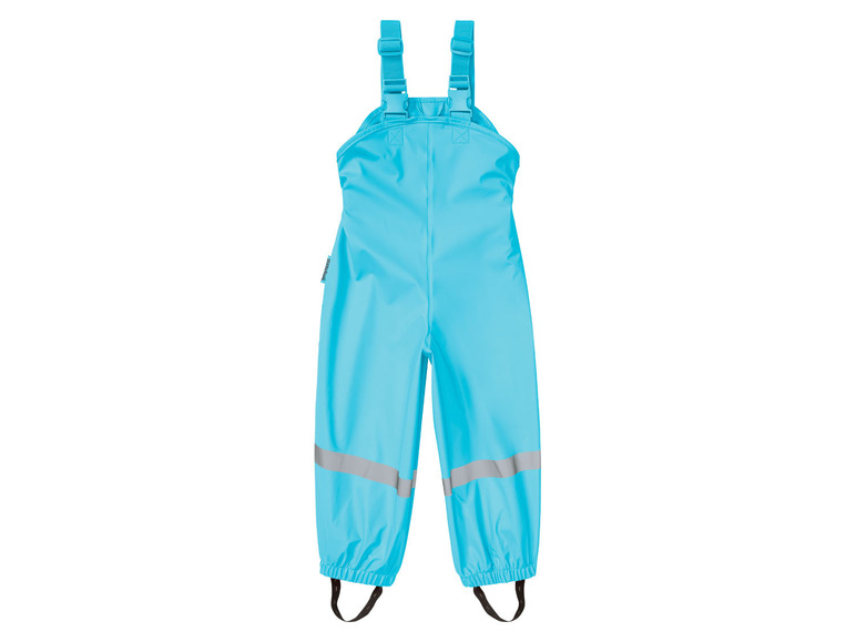 Blaue Regenhose mit Hosenträgern für Kinder.