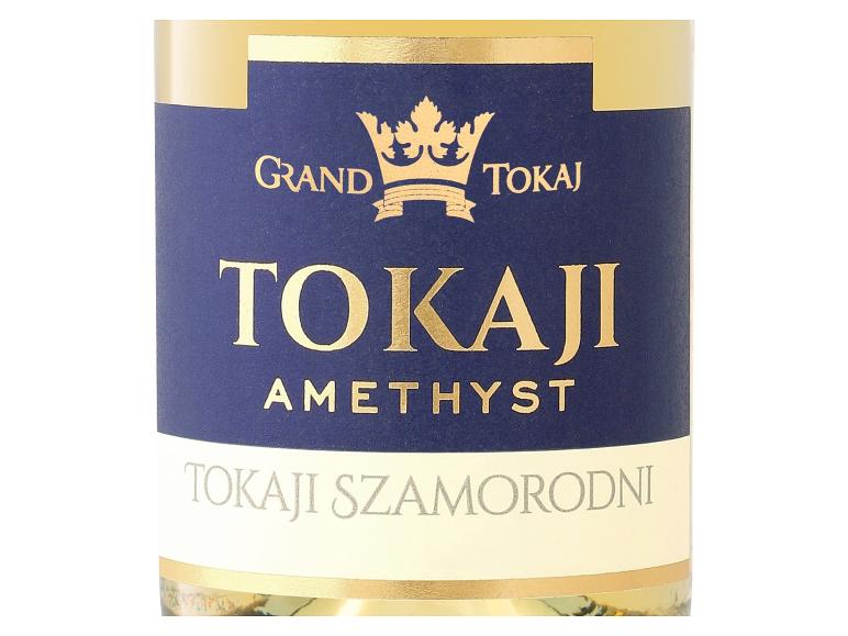 Tokajer Weinetikett mit Kronenmotiv, mit dem Text „Grand Tokaj Amethyst Tokaji Szamorodni“