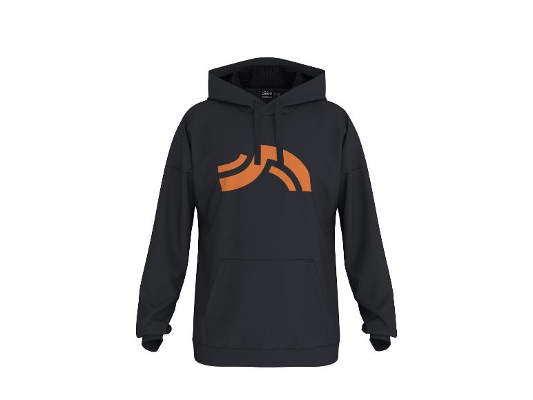 Schwarzer Kapuzenpullover mit einem orangefarbenen abstrakten Logo auf der Brust