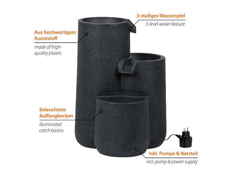 Dunkelgraues, 3-stufiges Wasserspiel aus hochwertigem Kunststoff, mit beleuchteten Auffangbecken, Pumpe und Netzteil.