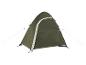 Grünes Kuppelzelt mit weißen Details und Abspannleinen.