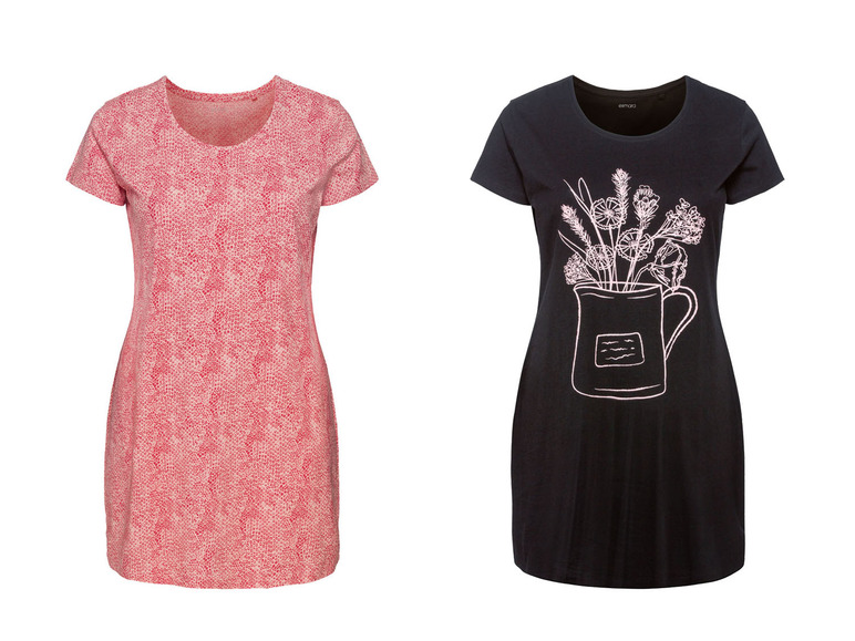 Zwei Damen-T-Shirts: eines mit rosa Punkte-Muster und eines mit Blumenmuster.