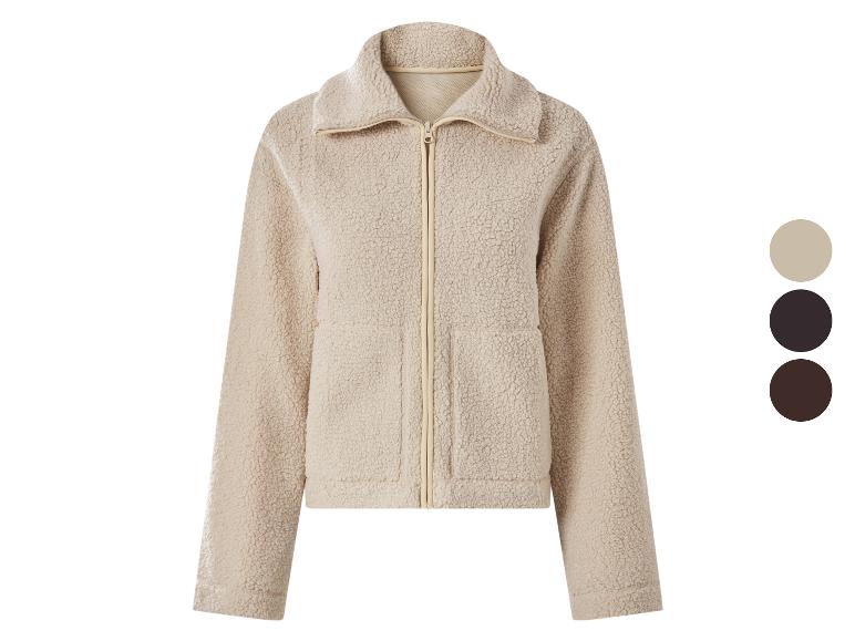 Beige Damen-Fleecejacke mit Reißverschluss und drei Farboptionen.