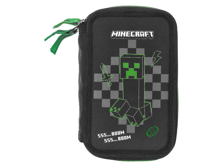 Schwarzes Federmäppchen mit Minecraft Creeper-Design und „SSS... BOOM“-Text.