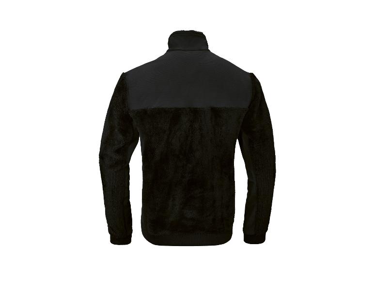 Schwarze Fleecejacke mit Stehkragen und kontrastierenden Schulterpartien, Rückansicht.