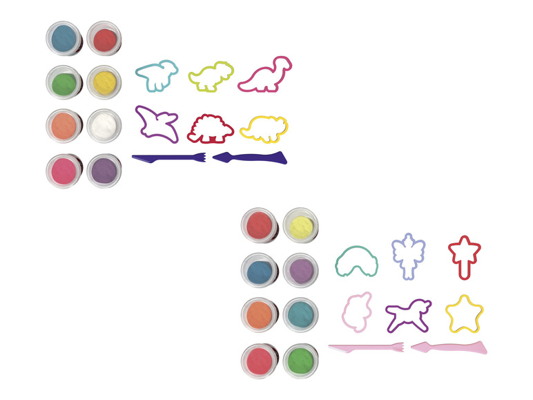 Knete-Sets mit Dinosaurier- und Einhornformen, inklusive Knete und Werkzeuge.